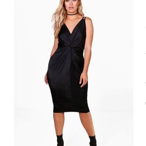 Slinky knot front midi black dress
